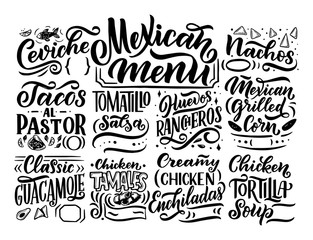 Mexican Menu lettering with traditional food names Guacamole, Enchilada, Tacos, Nachos and more. Vector vintage illustration on background