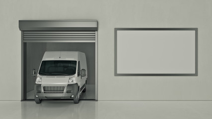 Obraz premium Garage with Opened Roller Door. 3D Rendering