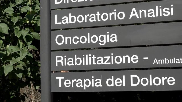 SIgnboard with departments of an Italian hospital, Analysis Laboratory, oncology, rehabilitation surgeries, antalgic therapy,
