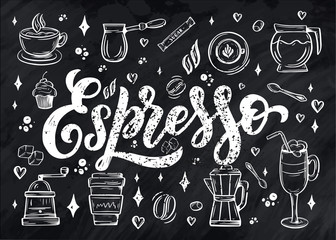 Hand lettering name of coffee with sketch for coffee shop or cafe. Hand drawn vintage typography phrase, isolated on white background