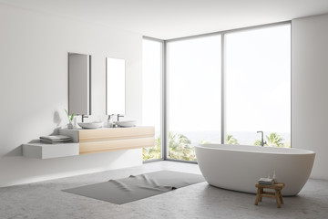 Fototapeta na wymiar White large bathroom corner, tub and double sink