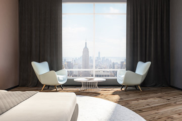 Gray bedroom interior, white armchairs