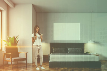 Woman in white Scandinavian style bedroom, poster