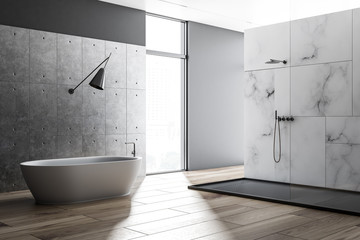 White marble loft bathroom interior, shower