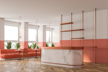 Marble bar in pink and white room, side view