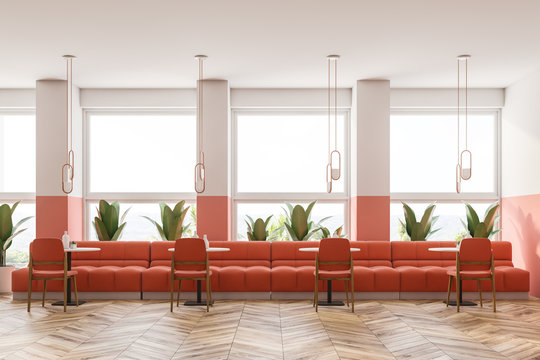 Pink retro cafe interior, loft and plants