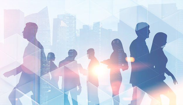 Business people silhouettes, triangular tiles city