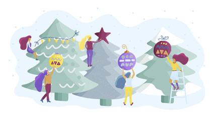 Obraz premium Small girl characters decorate Christmas tree. Flat style vector illustration.