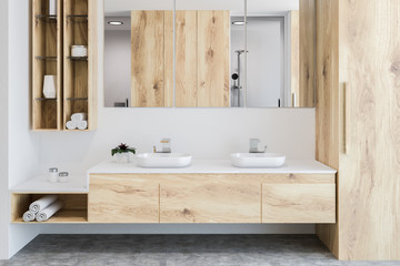 Wooden bathroom, white double sink