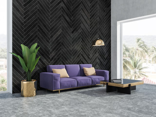 Black wooden living room, purple sofa