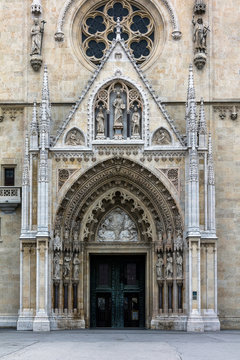 Entrance portal of the Zagreb Cathedral, consecrated in 1217, restored in the Neo-Gothic style after the 1880 Zagreb earthquake.