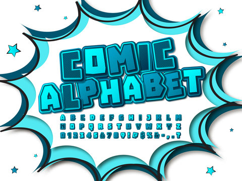 Clear rectangular blue comic font on comics book page. Multilevel cartoon alphabet, typeface in style of pop art. Multilayer funny letters, figures.