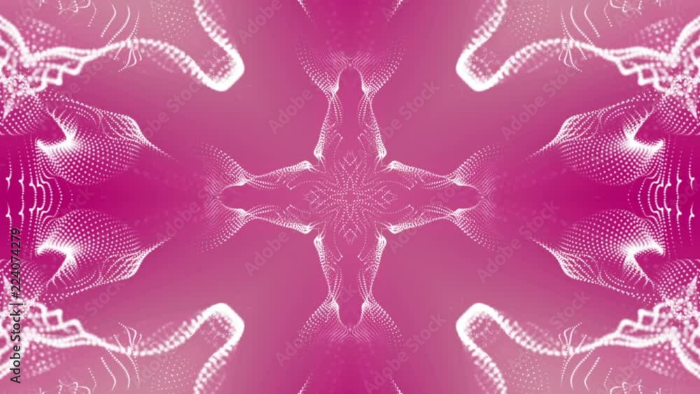 Poster abstract kaleidoscope background of white glowing particles. 3d rendering