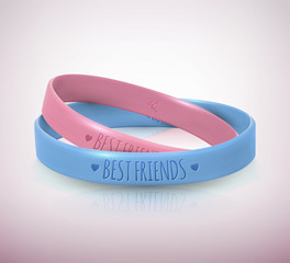 Happy Friendship Day. Realistic pink and blue rubbers friendship bracelets for best friends. Beautiful greeting card for holiday and celebration friends day. Vector illustration