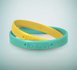 Happy Friendship Day. Realistic yellow and turquoise rubbers friendship bracelets for best friends. Beautiful greeting card for holiday and celebration friends day. Vector illustration