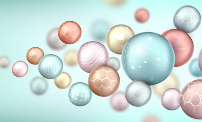 3d multicolored decorative balls flying randomly. Beautiful three-dimensional spheres in pastel colors. Composition of cool geometric shapes. Abstract vector background. Futuristic design.