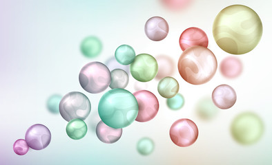 3d multicolored decorative balls flying randomly. Beautiful three-dimensional spheres in pastel colors. Composition of cool geometric shapes. Abstract vector background. Futuristic design.