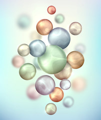 3d multicolored decorative balls flying randomly. Beautiful three-dimensional spheres in blue colors. Composition of cool geometric shapes. Abstract vector background. Futuristic design.