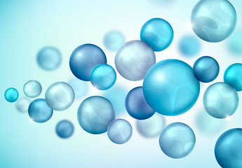 3d multicolored decorative balls flying randomly. Beautiful three-dimensional spheres in blue colors. Composition of cool geometric shapes. Abstract vector background. Futuristic design.