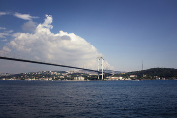 View of Bosphorus bridge with cloudy sky background and Asian side in a sunny summer day in Istanbul.