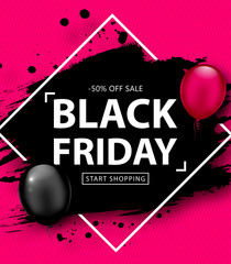 Black Friday Sale Poster. Seasonal discount banner with balloons and black grunge frame on pink background. Holiday design template for advertising shopping, closeout on thanksgiving day