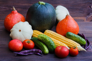 Autumn Vegetables on Wooden Table. Organic Food Background