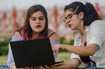 Portrait of peruvian pretty smiley face fat woman working laptop on a park.