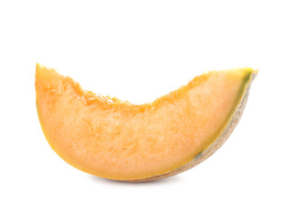 Slice of tasty ripe melon on white background