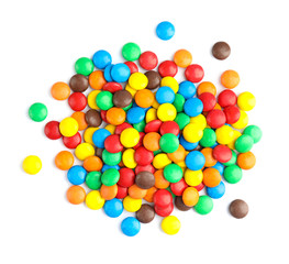 Fototapeta na wymiar Tasty colorful candies on white background, top view