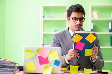 Businessman unhappy with many conflicting priorities sitting in 