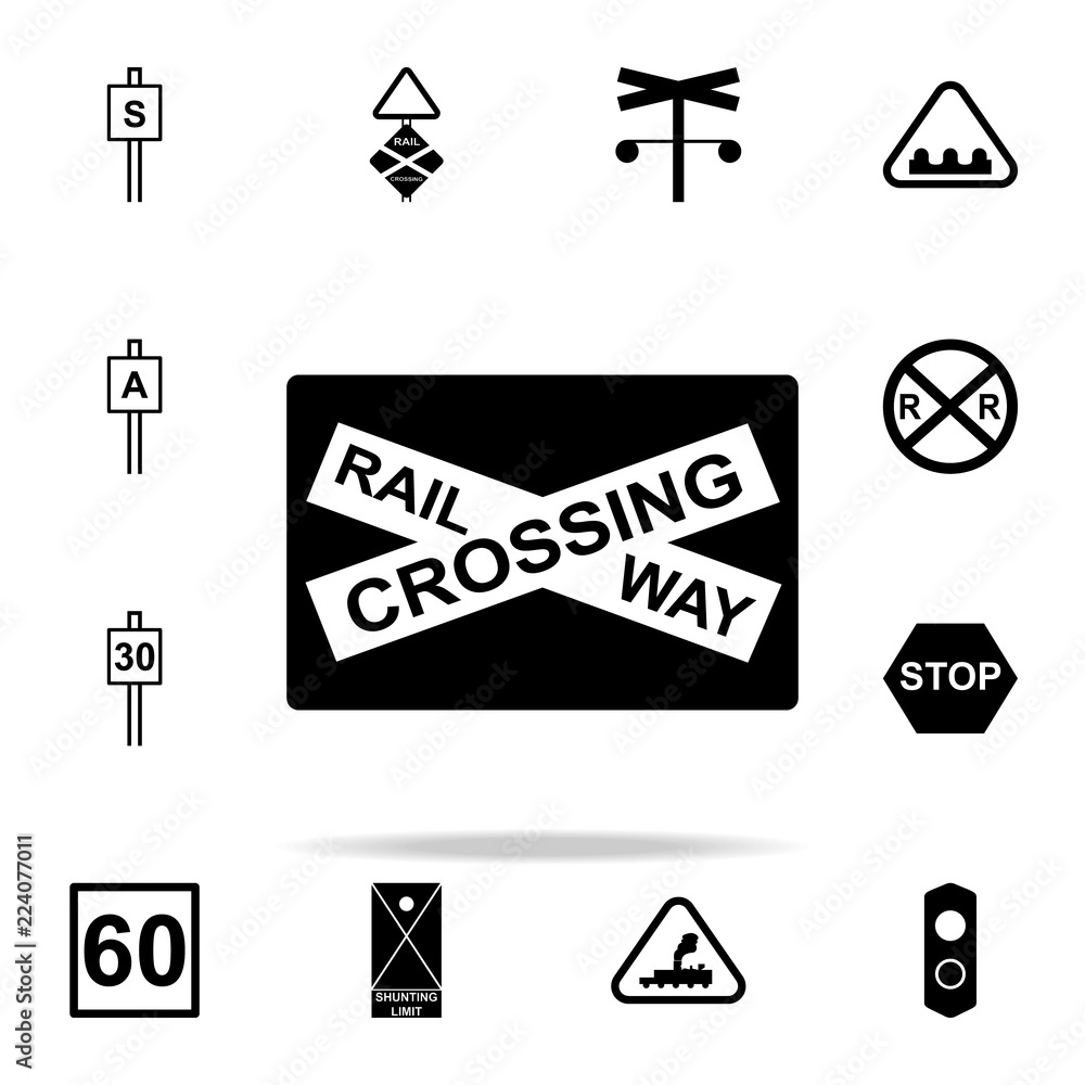 Poster railway crossing icon. railway warnings icons universal set for web and mobile