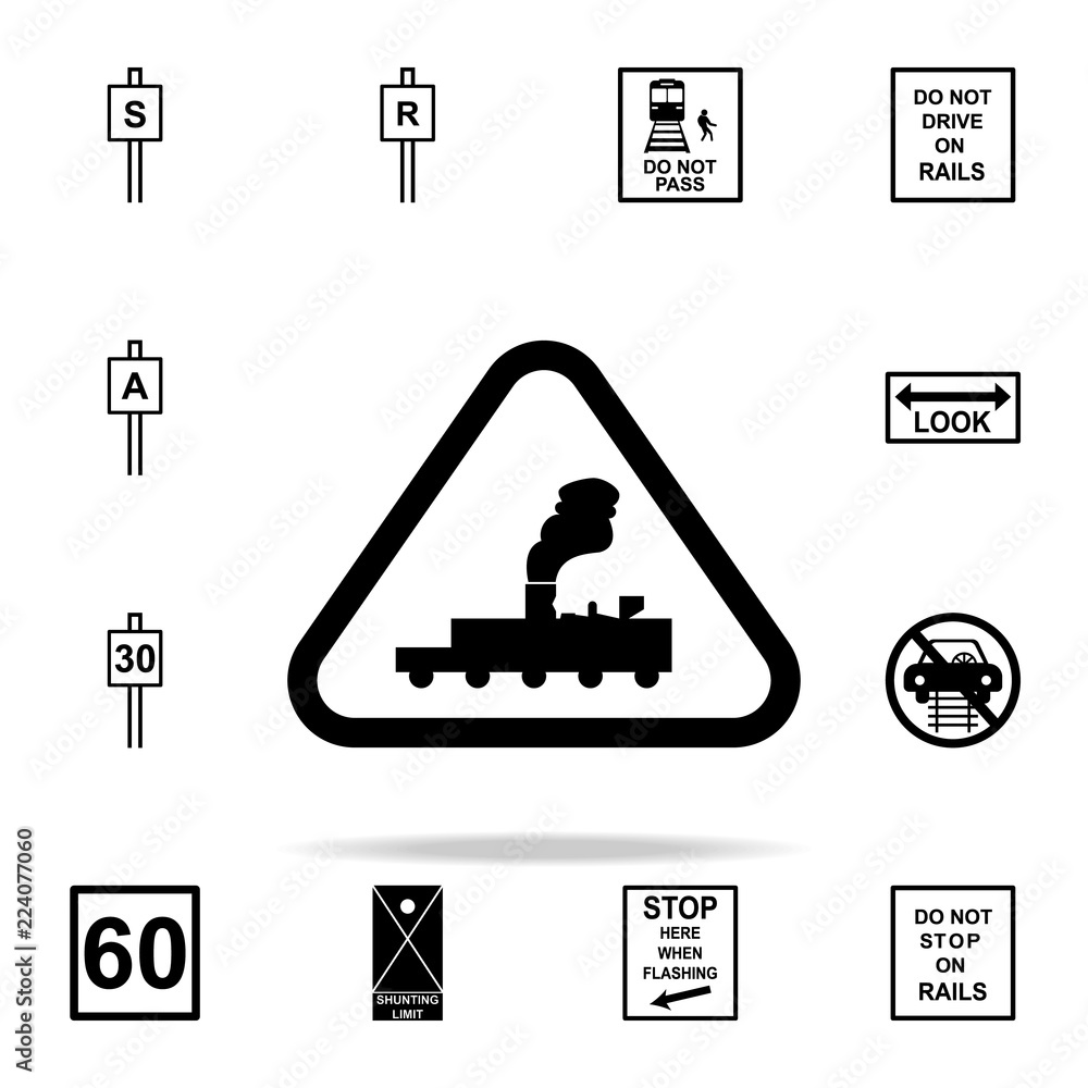 Poster unguarded railway crossing icon. railway warnings icons universal set for web and mobile