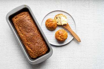 Gluten free home made bread in tin and buns