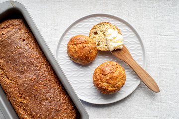 Gluten free home made bread in tin and buns