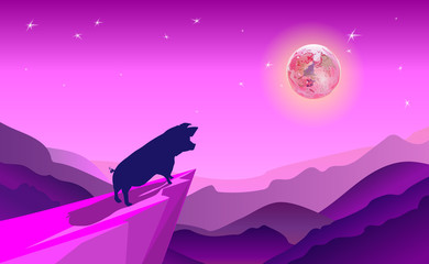 Cliff background violet where pig take adventure in jungle. Stand on cliff look to the moon in around with mountains in a night with stars. Silhouette stylish piglet vector illustration