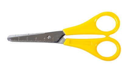 Yellow scissors with ruler isolated on white background - obrazy, fototapety, plakaty
