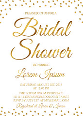 Gold confetti bridal shower invitation card. Golden glittering polka dots bridal party invite. Wedding stationery.