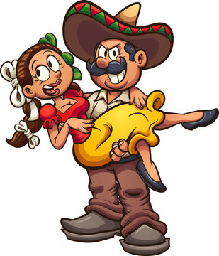 Mexican macho man carrying a beautiful woman. Vector clip art illustration with simple gradients. All in a single layer. 