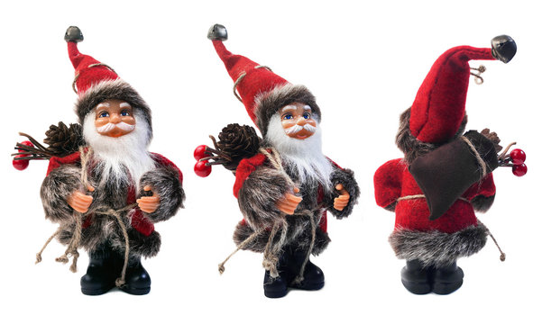 Santa Claus doll photo. Cute isolated Santa Claus toy with bag of presents - front, angle and back view. 