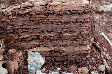 Soil cut-sandstone, stones, clay, sand structure and layers. slice of sand with layers of different structures.