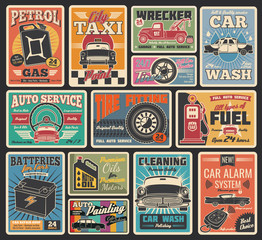 Car service and auto repair garage retro cards - obrazy, fototapety, plakaty