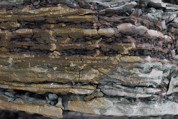 Soil cut-sandstone, stones, clay, sand structure and layers. slice of sand with layers of different structures.