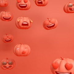 Cute smiling love bubble shape cartoon of orange pastel pumpkin head jack and winking face with tongue emoji, copy space text. Design creative concept for happy Halloween day festival, 3D rendering.