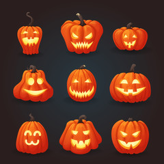 Set of ripe orange halloween pumpkins illuminated from the inside. Different shapes and faces.