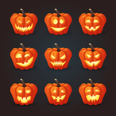 Ripe orange pumpkin illuminated from the inside with various expressions on a dark background. Set of halloween icons.