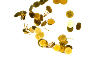Movement of falling gold coin, flying coin, rain money isolated on white background, business and financial wealth and take profit concept.