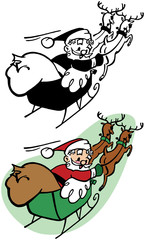 A cartoon of Santa Claus flying across the sky on Christmas Eve in his sleigh pulled by flying reindeer.