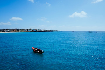 beautiful view of the bay next to the city from the pontoon of the commercial harbor