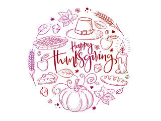 Vector greeting thanksgiving banner with hand lettering label - happy thanksgiving - with bright doodle thanksgiving elements in a circle