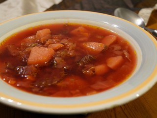 Plate of red beet root soup - borsch. Slavic cuisine